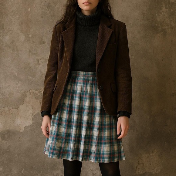 Vintage 80s Plaid Pleated Skirt Womens‎ 14 Green Pink Blue Tartan Knee Length - Picture 1 of 9